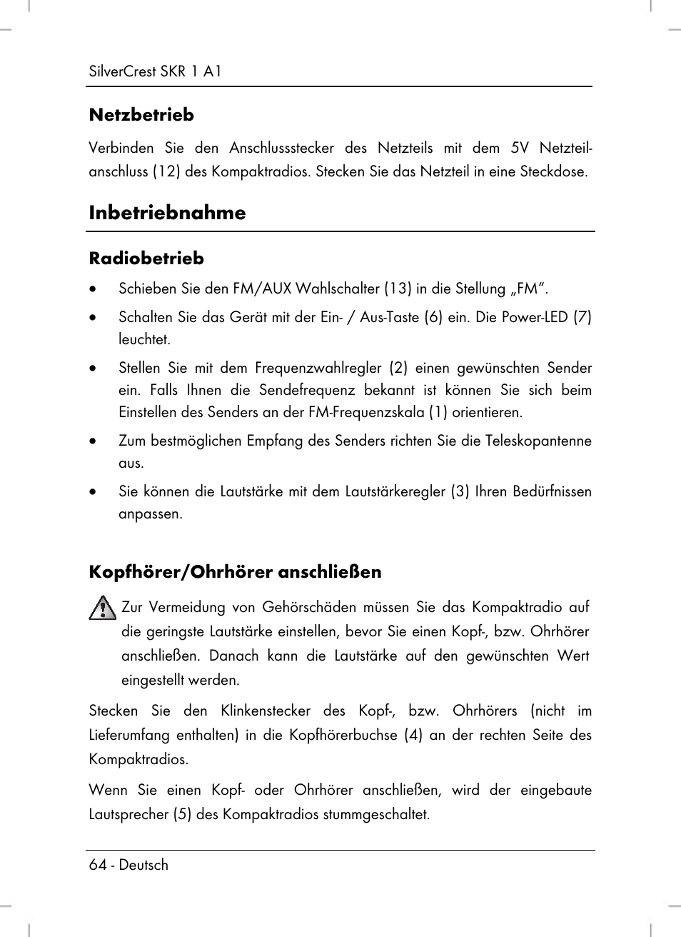 Inbetriebnahme, Netzbetrieb, Radiobetrieb | Kopfhörer/ohrhörer anschließen | Silvercrest SKR 1 A1 User Manual | Page 66 / 72