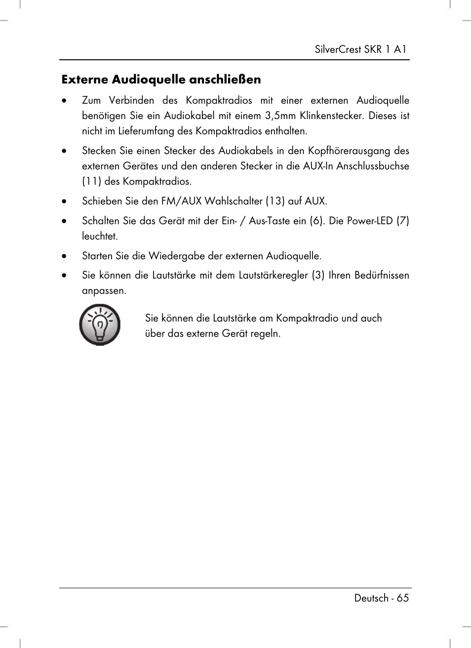 Externe audioquelle anschließen | Silvercrest SKR 1 A1 User Manual | Page 67 / 72
