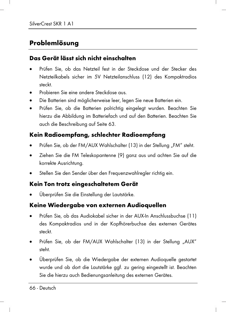 Problemlösung | Silvercrest SKR 1 A1 User Manual | Page 68 / 72