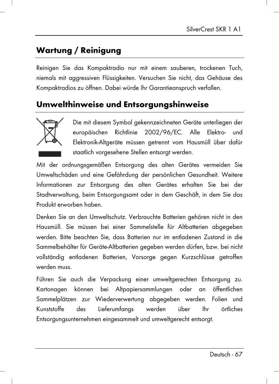 Wartung / reinigung, Umwelthinweise und entsorgungshinweise | Silvercrest SKR 1 A1 User Manual | Page 69 / 72