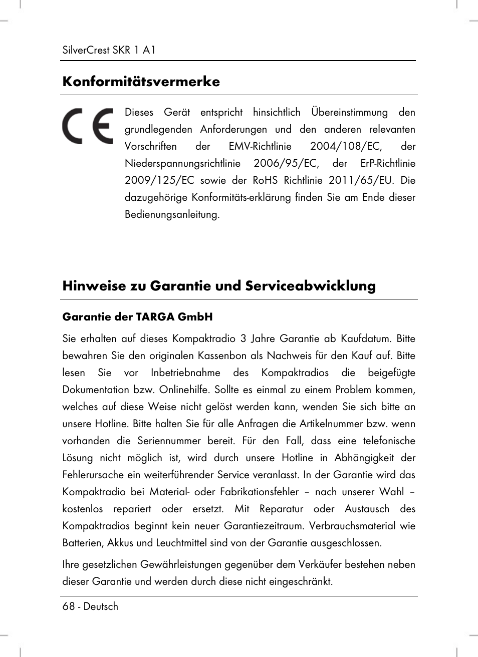 Konformitätsvermerke, Hinweise zu garantie und serviceabwicklung | Silvercrest SKR 1 A1 User Manual | Page 70 / 72