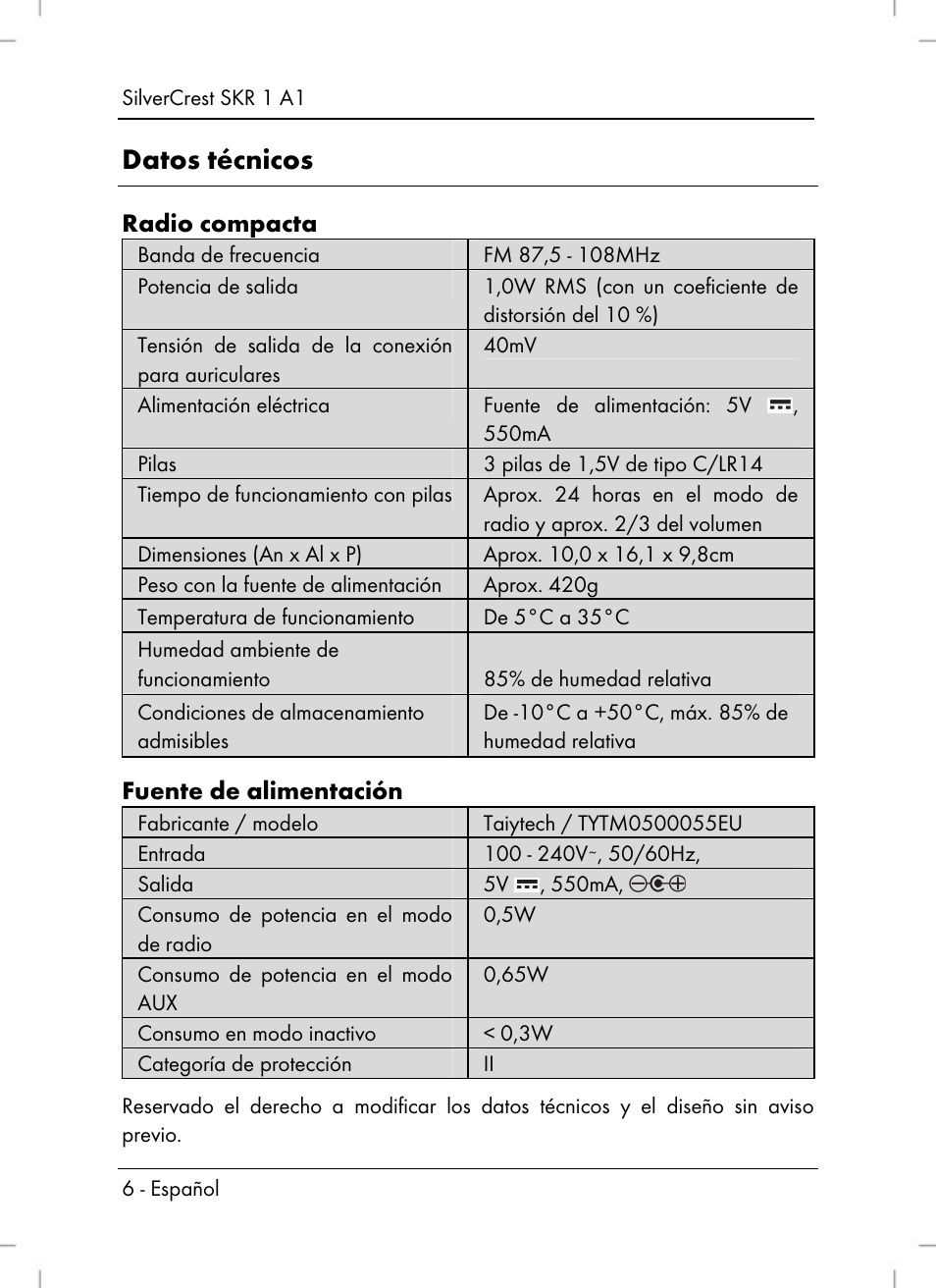 Datos técnicos, Radio compacta, Fuente de alimentación | Silvercrest SKR 1 A1 User Manual | Page 8 / 72