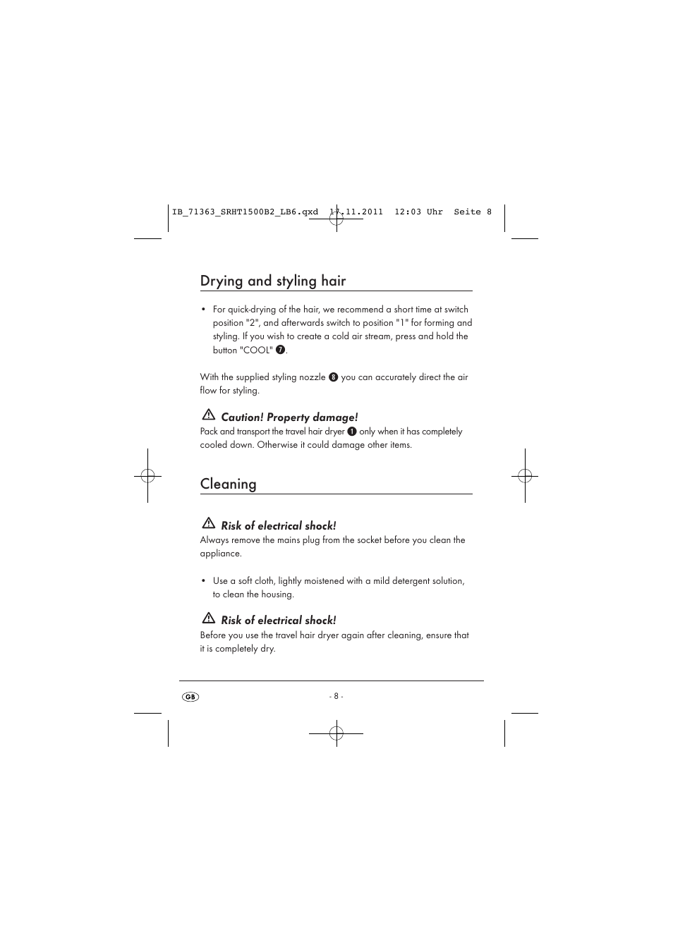 Drying and styling hair, Cleaning | Silvercrest SRHT 1500 B2 User Manual | Page 10 / 25