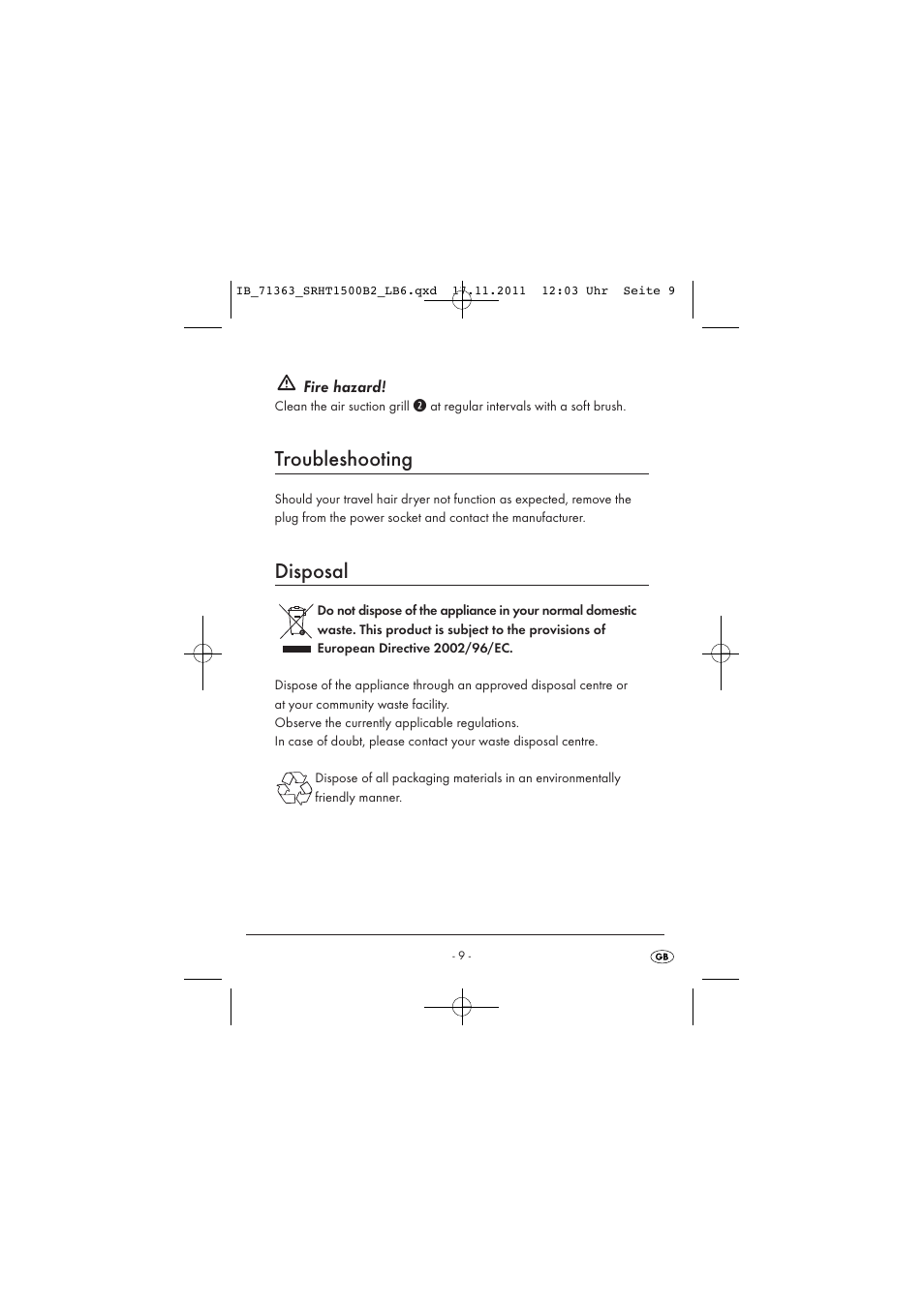 Troubleshooting, Disposal | Silvercrest SRHT 1500 B2 User Manual | Page 11 / 25