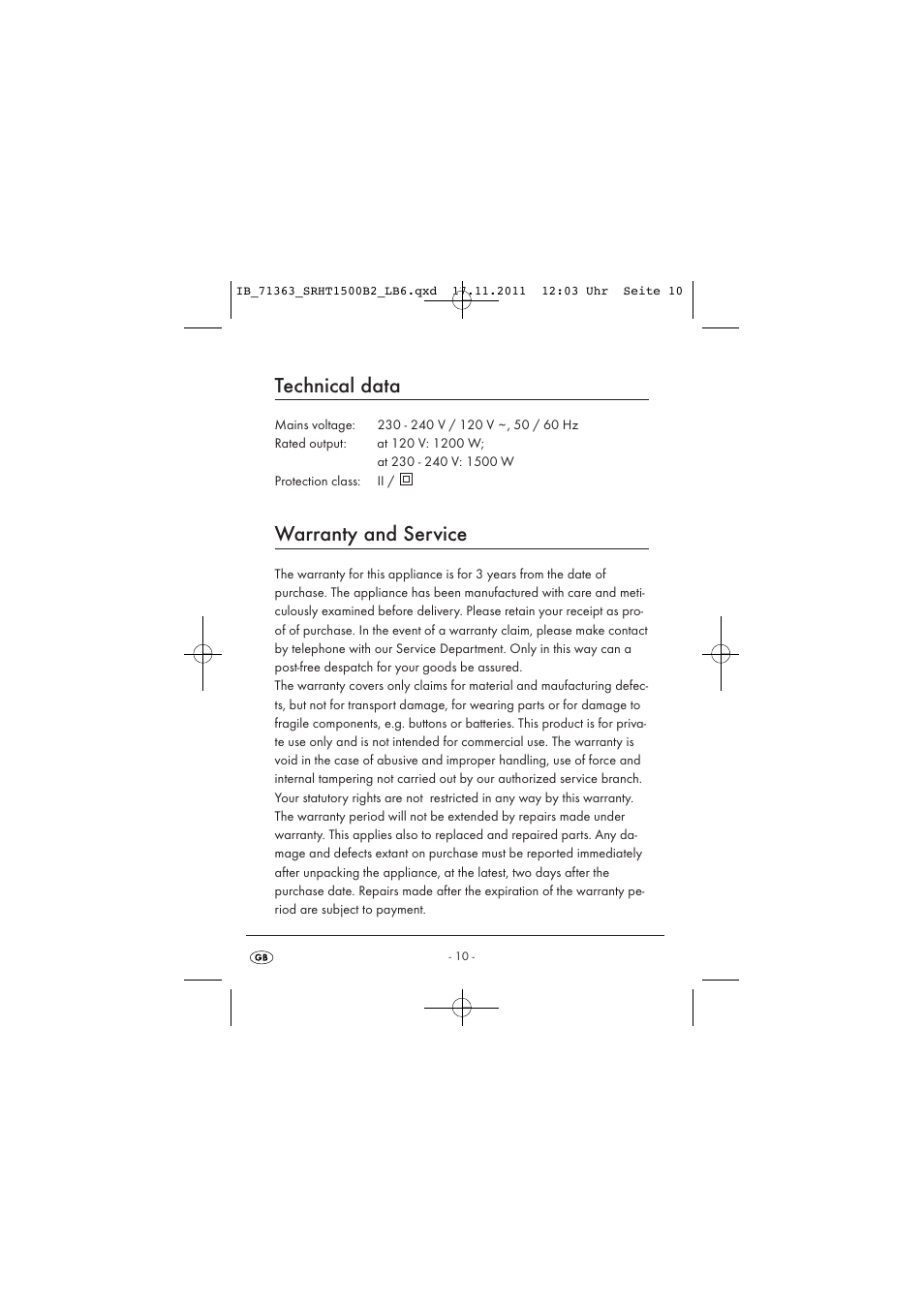 Technical data, Warranty and service | Silvercrest SRHT 1500 B2 User Manual | Page 12 / 25