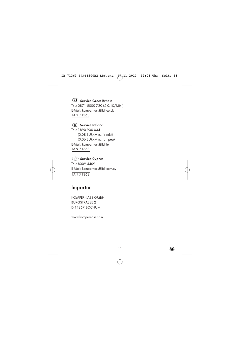 Importer | Silvercrest SRHT 1500 B2 User Manual | Page 13 / 25