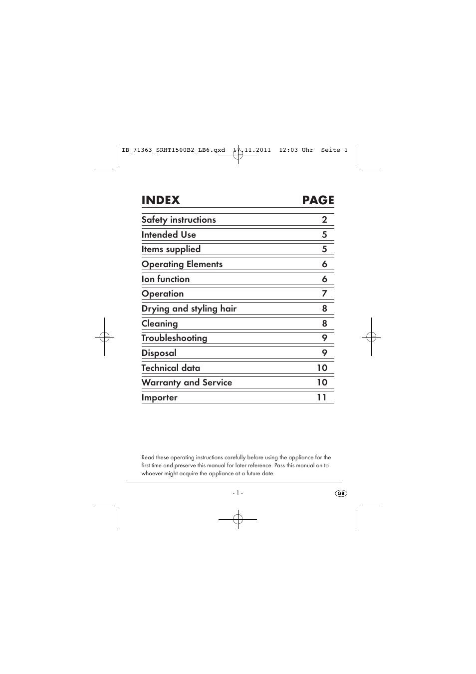 Index page | Silvercrest SRHT 1500 B2 User Manual | Page 3 / 25