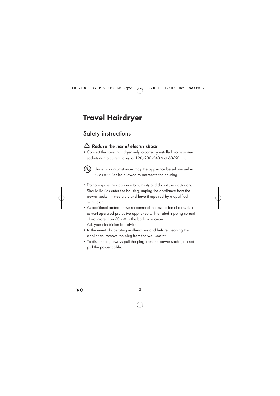 Travel hairdryer, Safety instructions, Reduce the risk of electric shock | Silvercrest SRHT 1500 B2 User Manual | Page 4 / 25