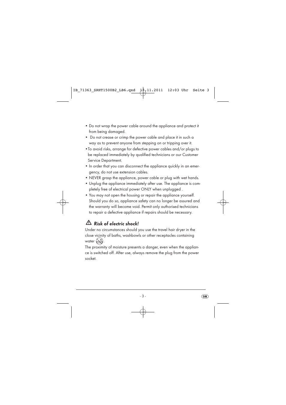 Risk of electric shock | Silvercrest SRHT 1500 B2 User Manual | Page 5 / 25