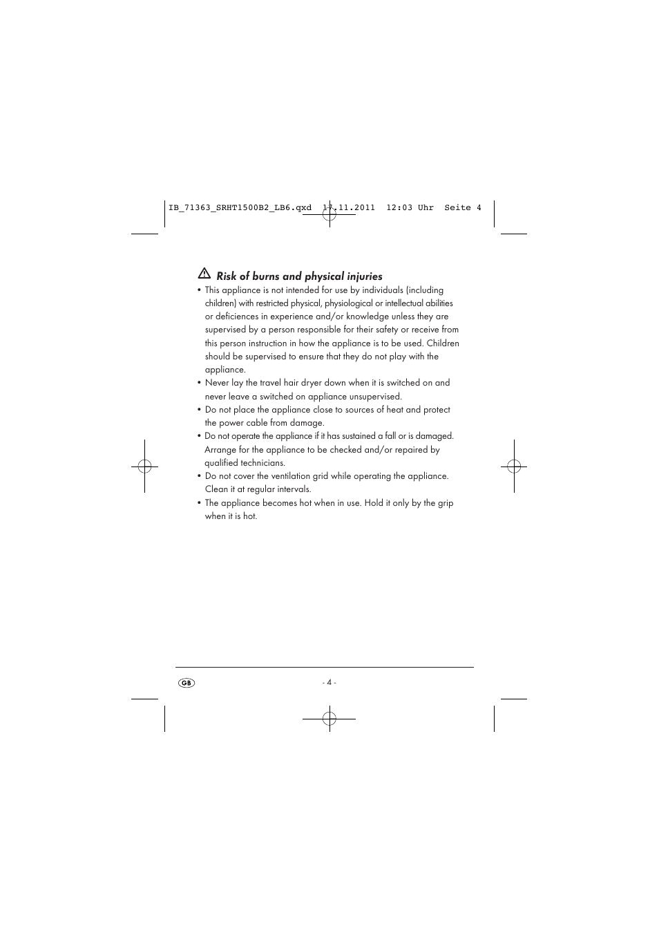 Risk of burns and physical injuries | Silvercrest SRHT 1500 B2 User Manual | Page 6 / 25