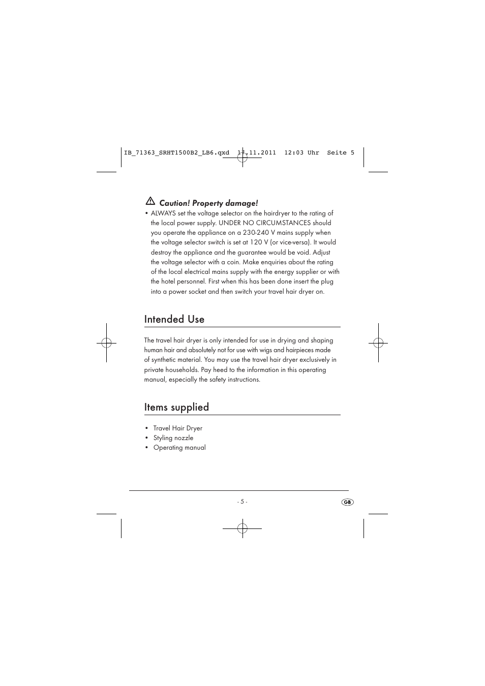 Intended use, Items supplied | Silvercrest SRHT 1500 B2 User Manual | Page 7 / 25