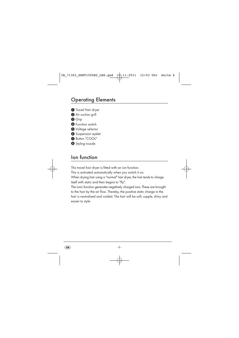Operating elements, Ion function | Silvercrest SRHT 1500 B2 User Manual | Page 8 / 25