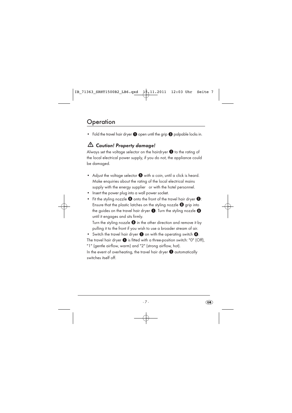 Operation, Caution! property damage | Silvercrest SRHT 1500 B2 User Manual | Page 9 / 25