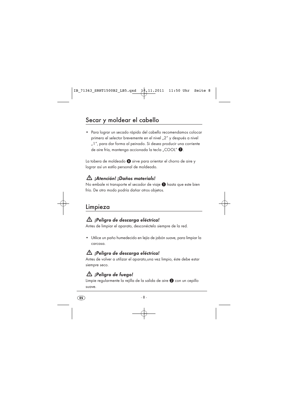 Secar y moldear el cabello, Limpieza | Silvercrest SRHT 1500 B2 User Manual | Page 10 / 62