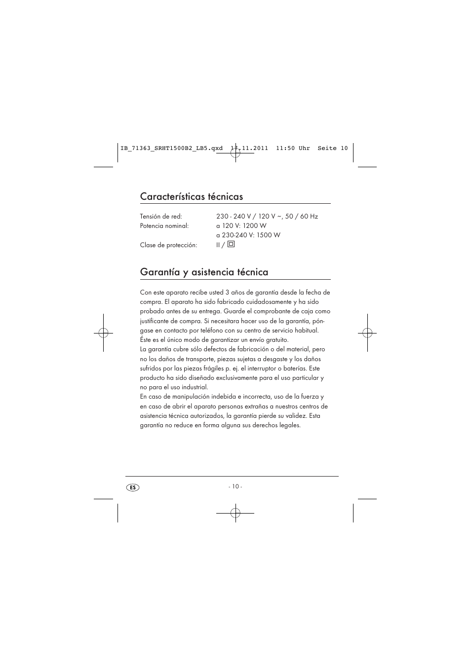 Características técnicas, Garantía y asistencia técnica | Silvercrest SRHT 1500 B2 User Manual | Page 12 / 62