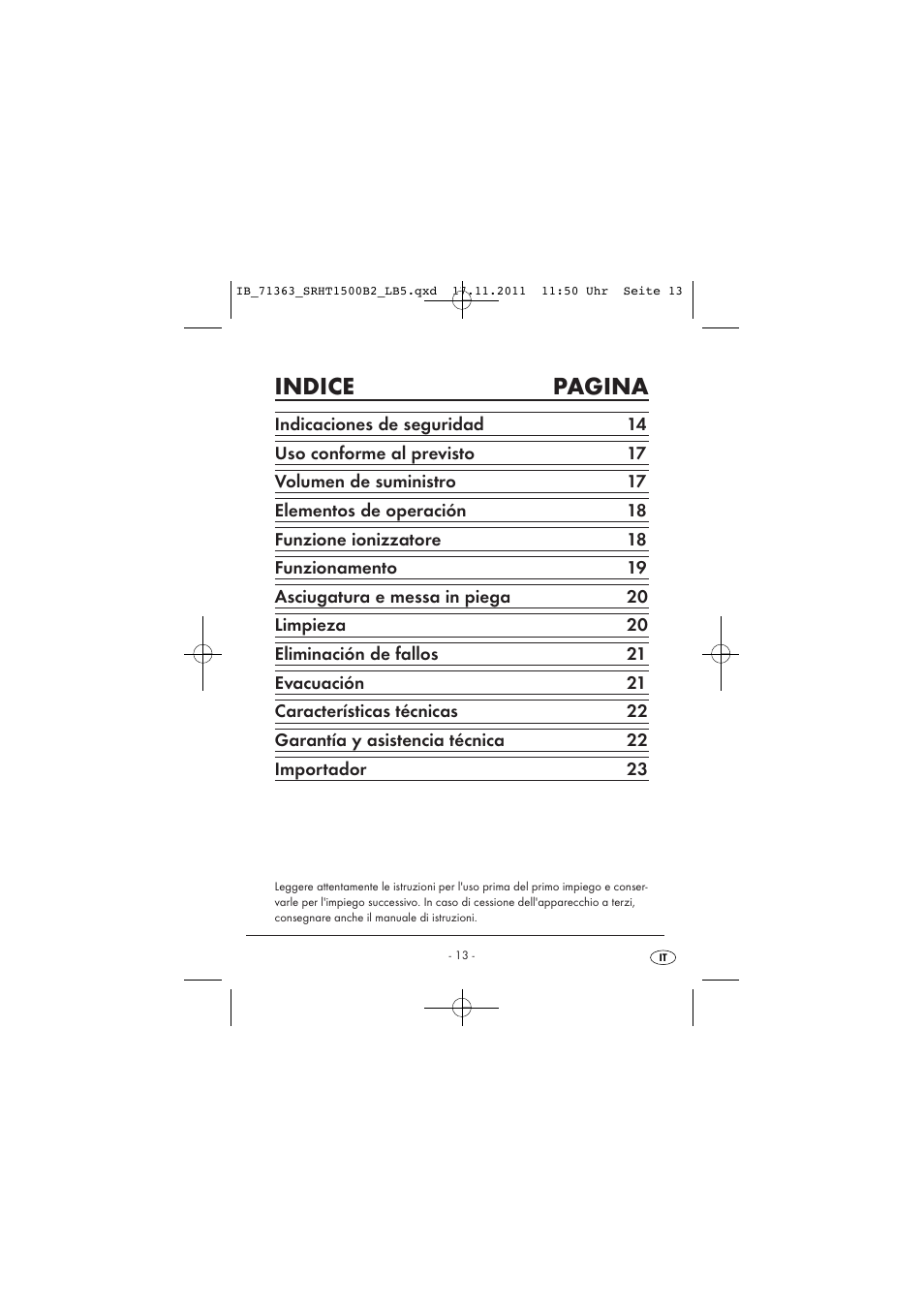 Indice pagina | Silvercrest SRHT 1500 B2 User Manual | Page 15 / 62