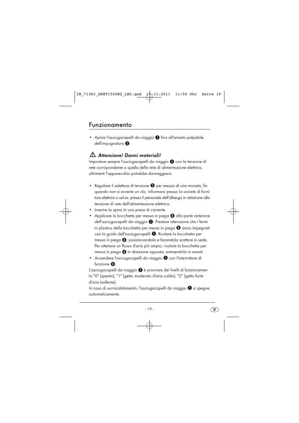 Funzionamento, Attenzione! danni materiali | Silvercrest SRHT 1500 B2 User Manual | Page 21 / 62