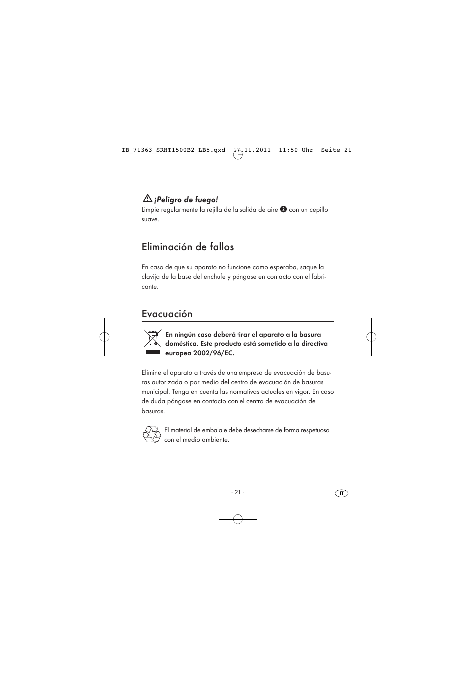 Eliminación de fallos, Evacuación | Silvercrest SRHT 1500 B2 User Manual | Page 23 / 62