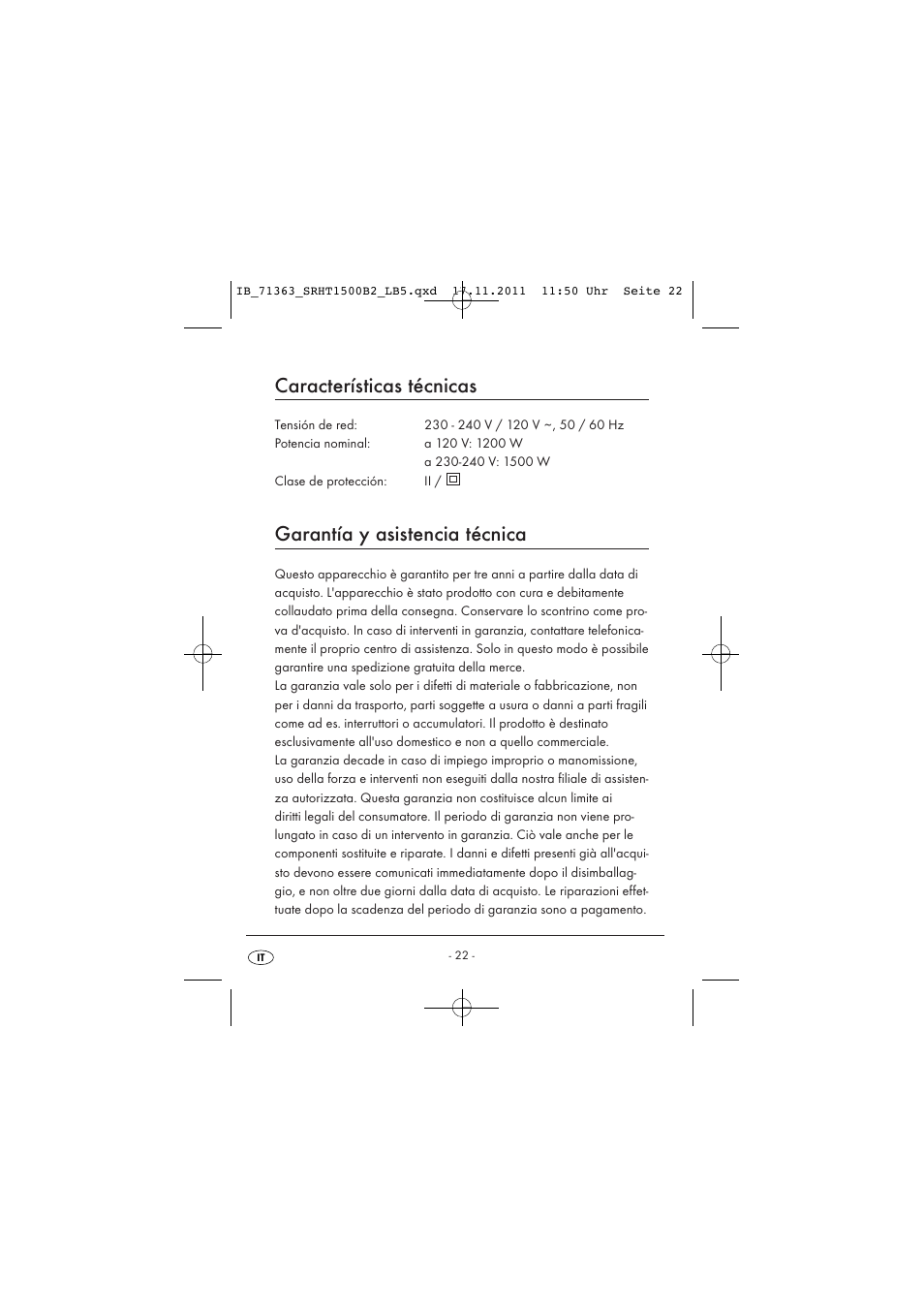 Características técnicas, Garantía y asistencia técnica | Silvercrest SRHT 1500 B2 User Manual | Page 24 / 62