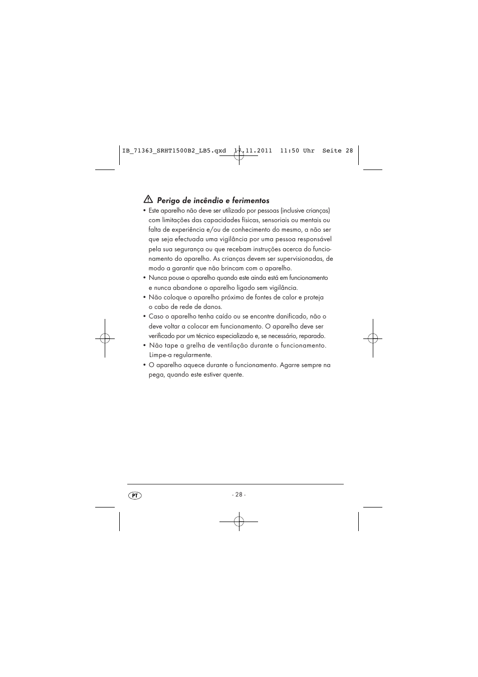 Perigo de incêndio e ferimentos | Silvercrest SRHT 1500 B2 User Manual | Page 30 / 62