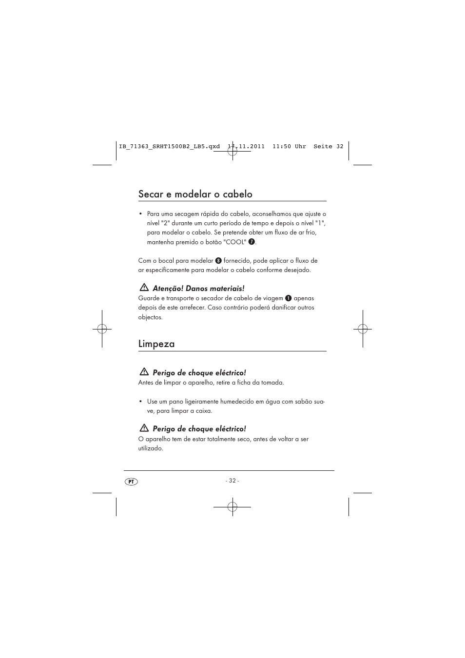 Secar e modelar o cabelo, Limpeza | Silvercrest SRHT 1500 B2 User Manual | Page 34 / 62