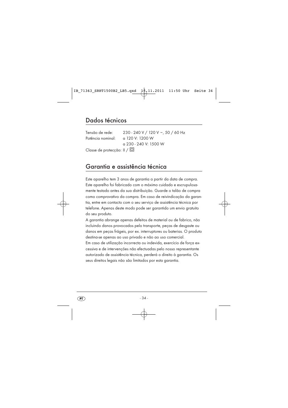 Dados técnicos, Garantia e assistência técnica | Silvercrest SRHT 1500 B2 User Manual | Page 36 / 62