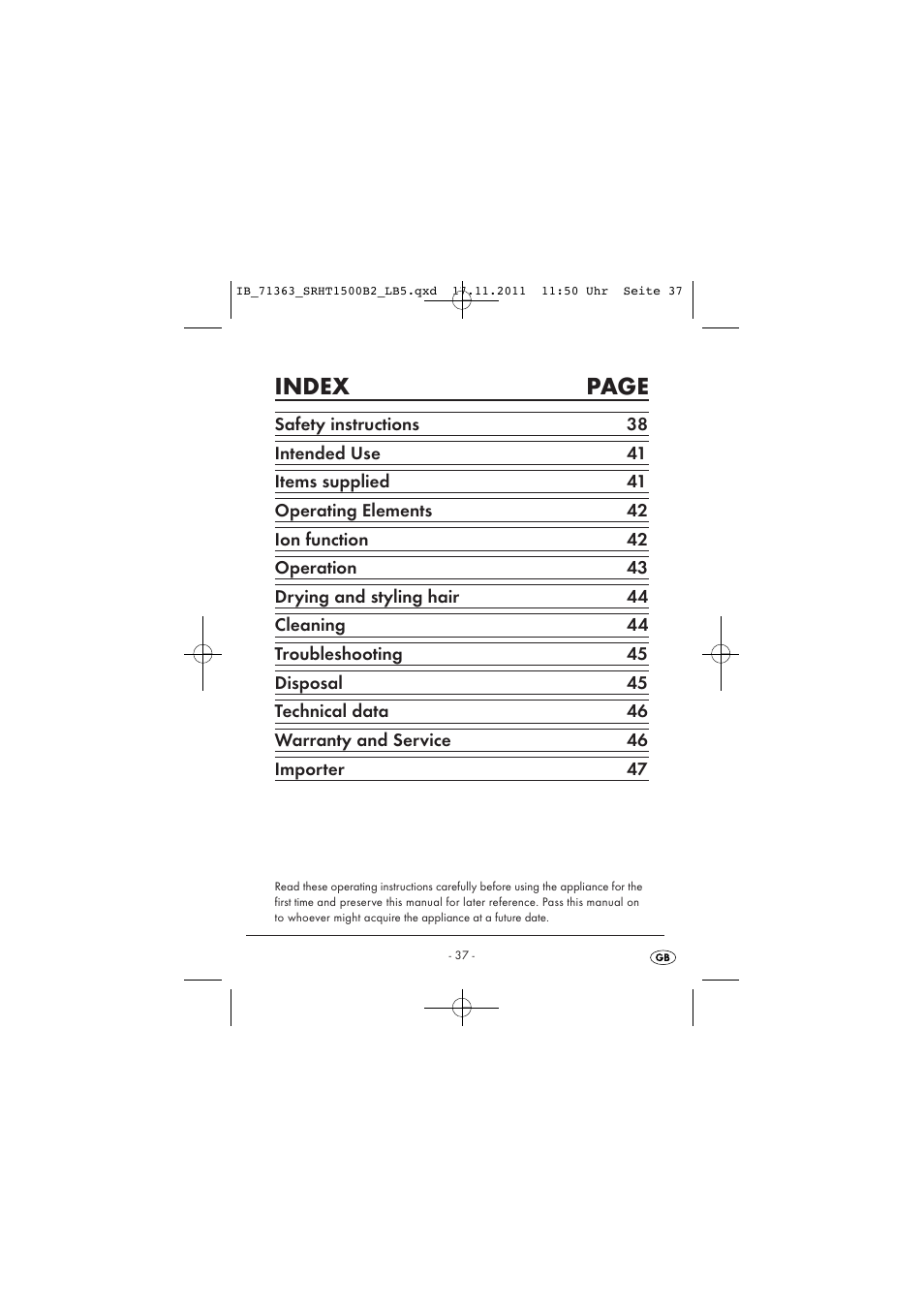 Index page | Silvercrest SRHT 1500 B2 User Manual | Page 39 / 62