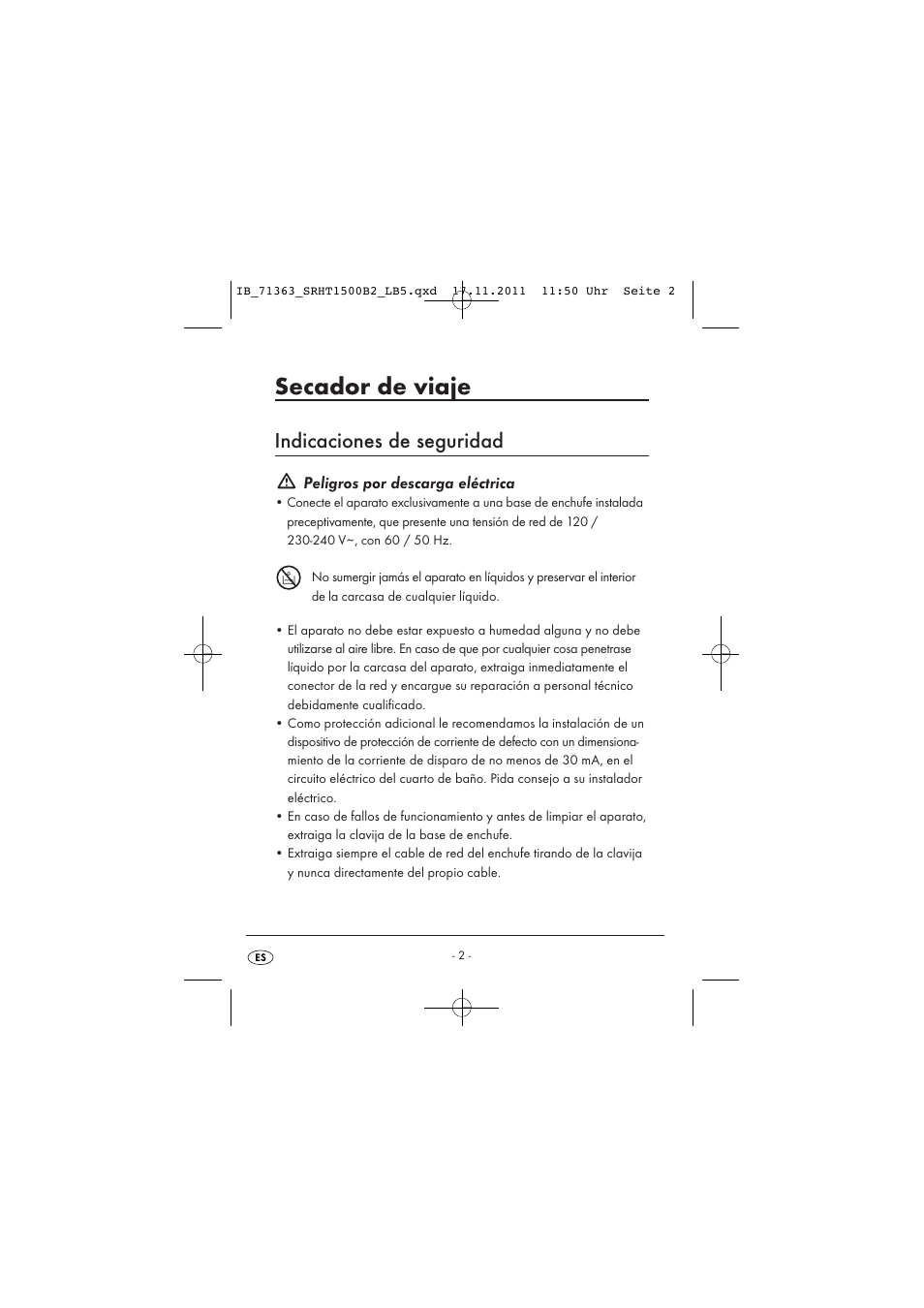 Secador de viaje, Indicaciones de seguridad, Peligros por descarga eléctrica | Silvercrest SRHT 1500 B2 User Manual | Page 4 / 62