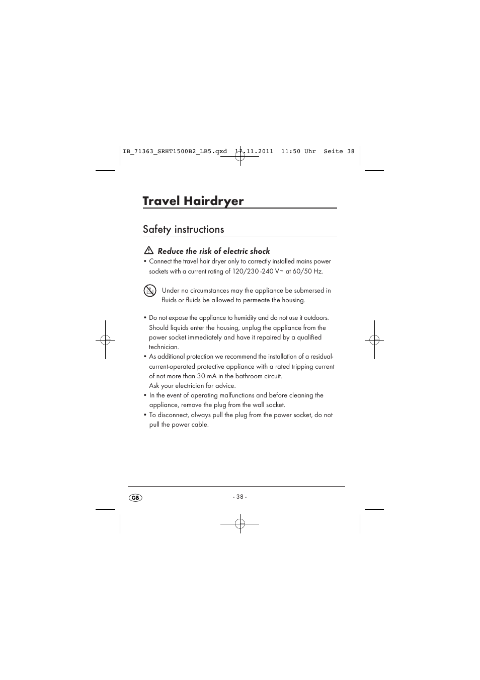 Travel hairdryer, Safety instructions, Reduce the risk of electric shock | Silvercrest SRHT 1500 B2 User Manual | Page 40 / 62
