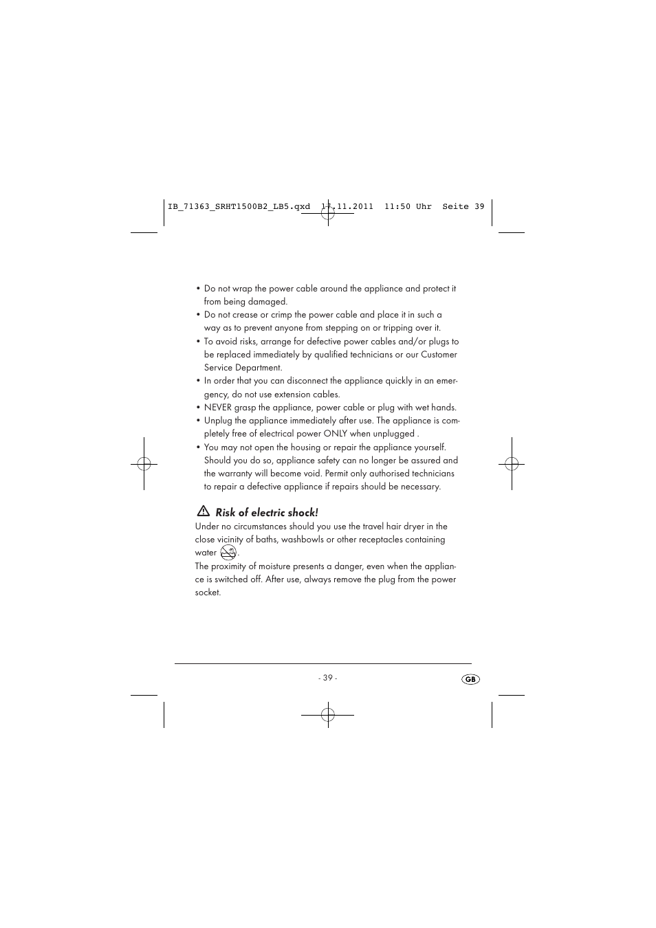 Risk of electric shock | Silvercrest SRHT 1500 B2 User Manual | Page 41 / 62