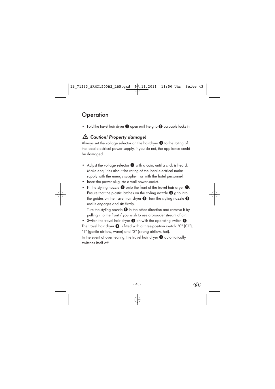 Operation, Caution! property damage | Silvercrest SRHT 1500 B2 User Manual | Page 45 / 62