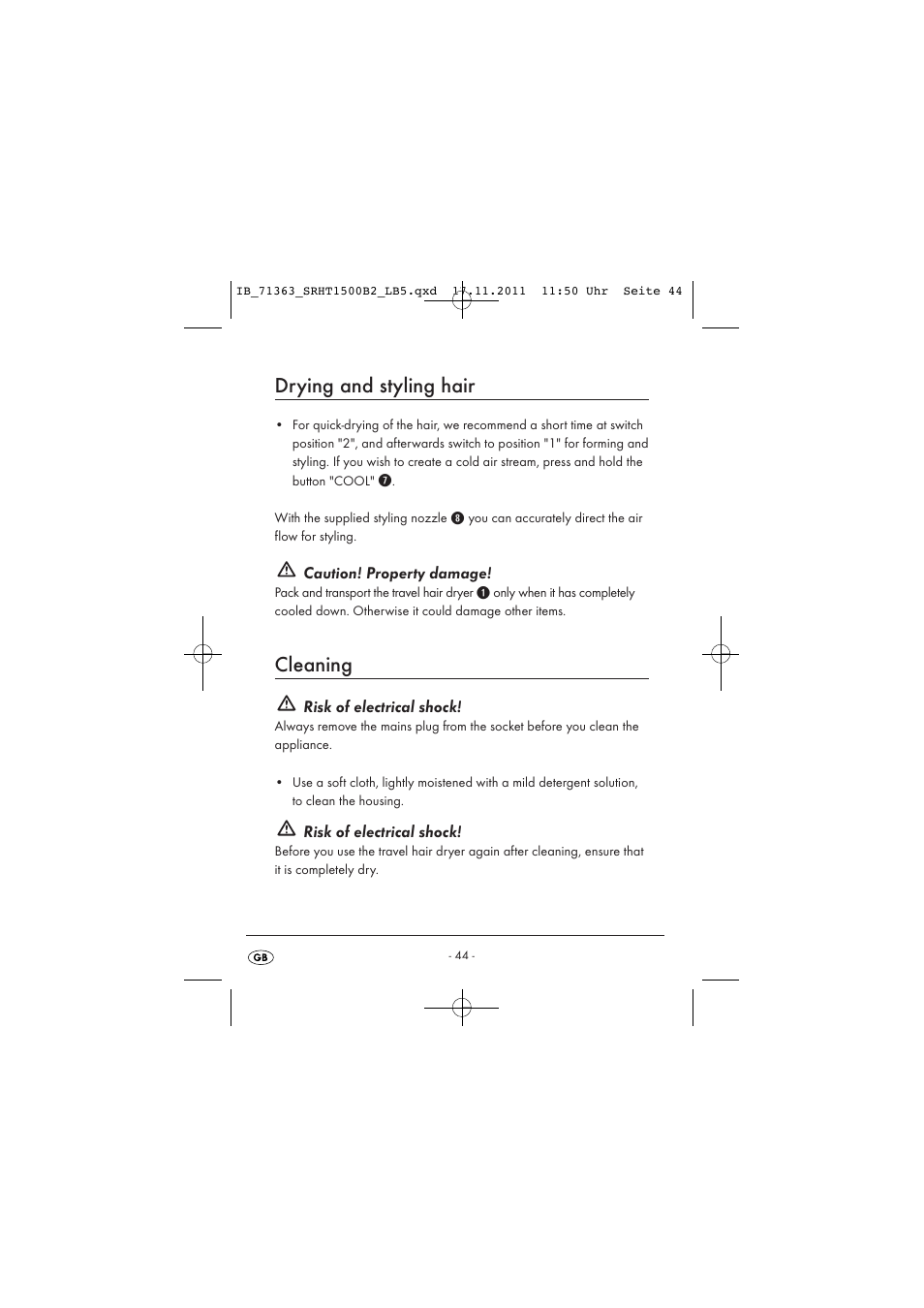 Drying and styling hair, Cleaning | Silvercrest SRHT 1500 B2 User Manual | Page 46 / 62