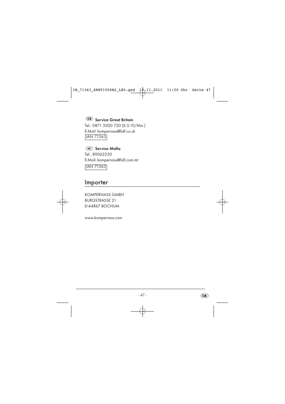 Importer | Silvercrest SRHT 1500 B2 User Manual | Page 49 / 62
