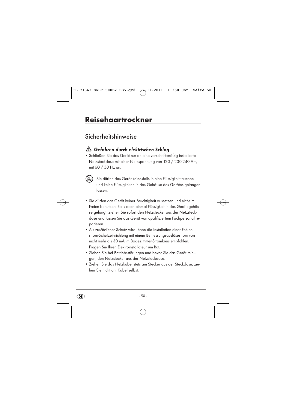 Reisehaartrockner, Sicherheitshinweise, Gefahren durch elektrischen schlag | Silvercrest SRHT 1500 B2 User Manual | Page 52 / 62