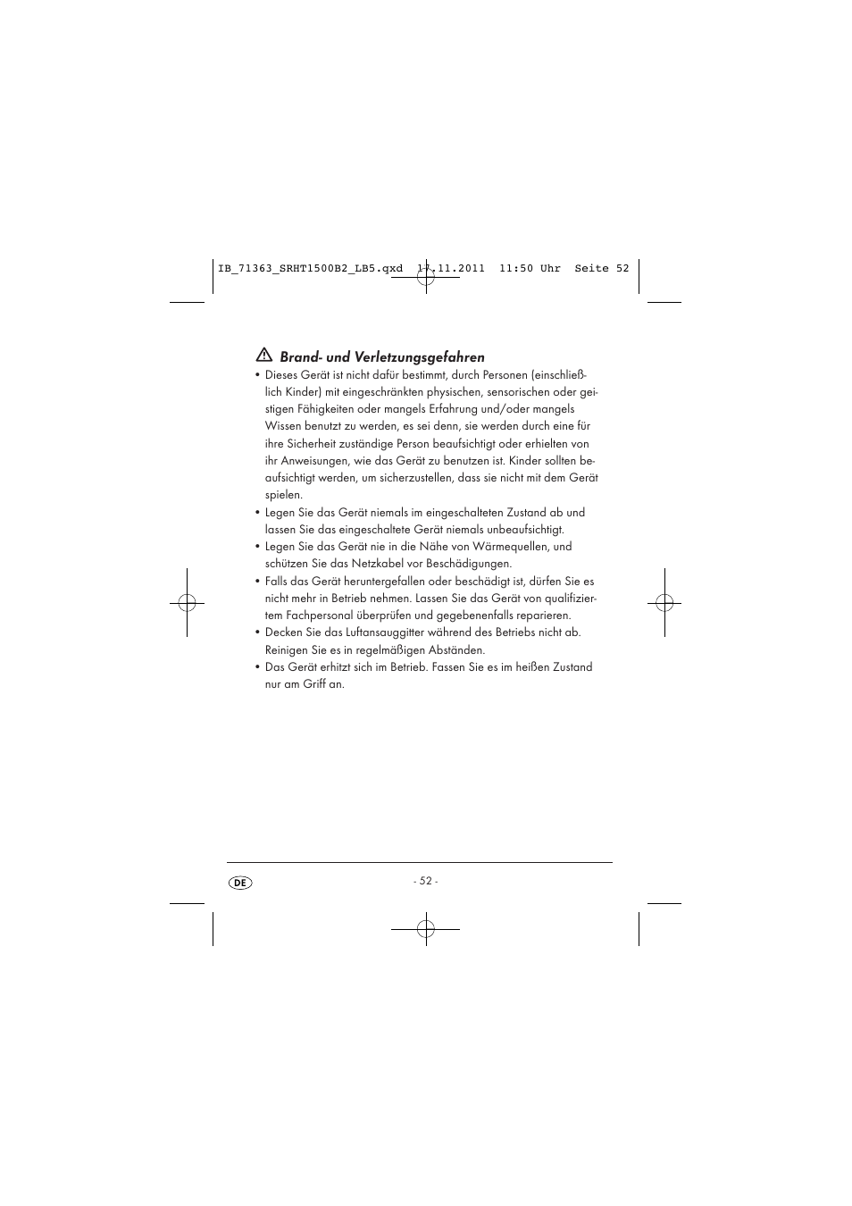 Brand- und verletzungsgefahren | Silvercrest SRHT 1500 B2 User Manual | Page 54 / 62