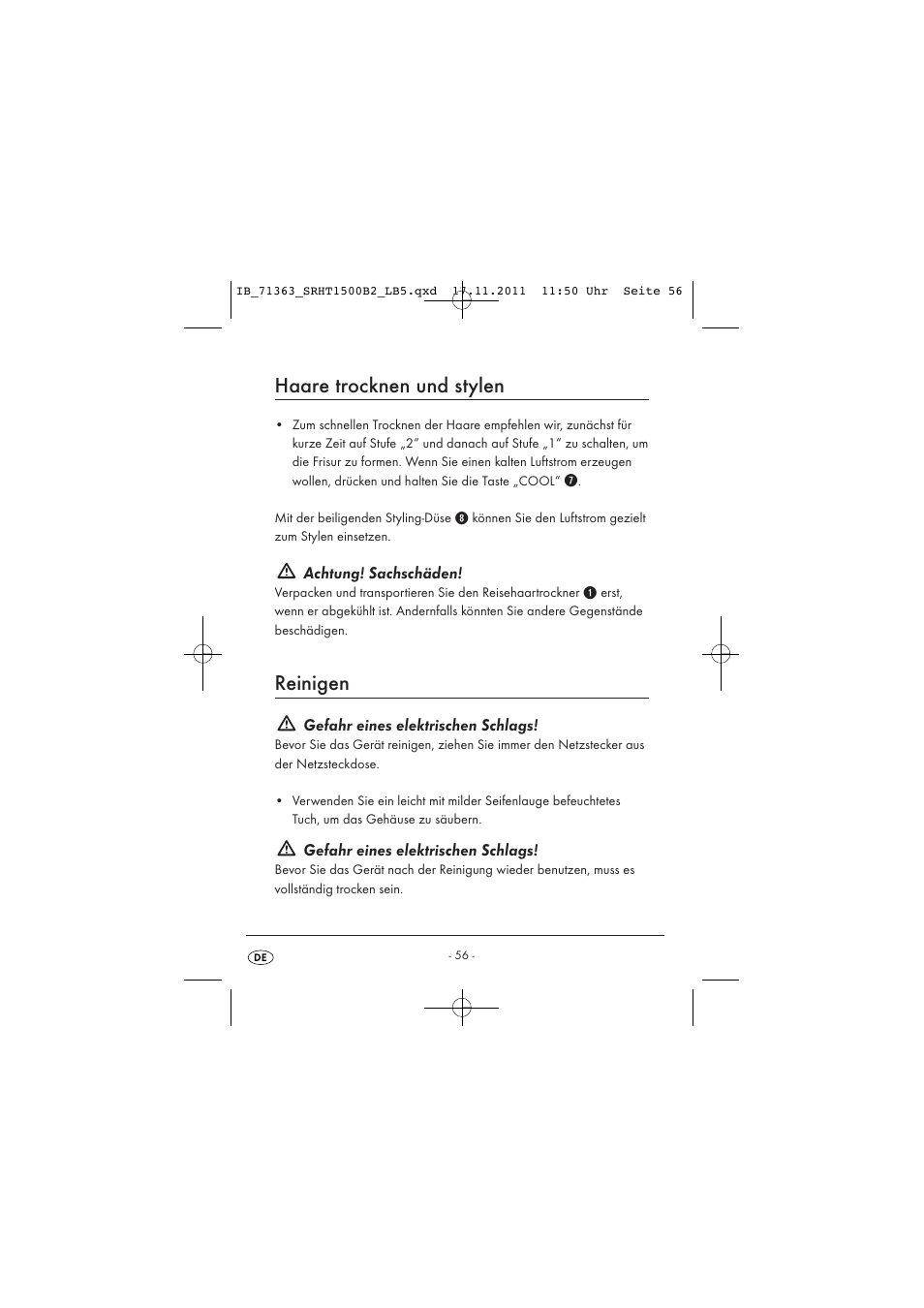 Haare trocknen und stylen, Reinigen | Silvercrest SRHT 1500 B2 User Manual | Page 58 / 62