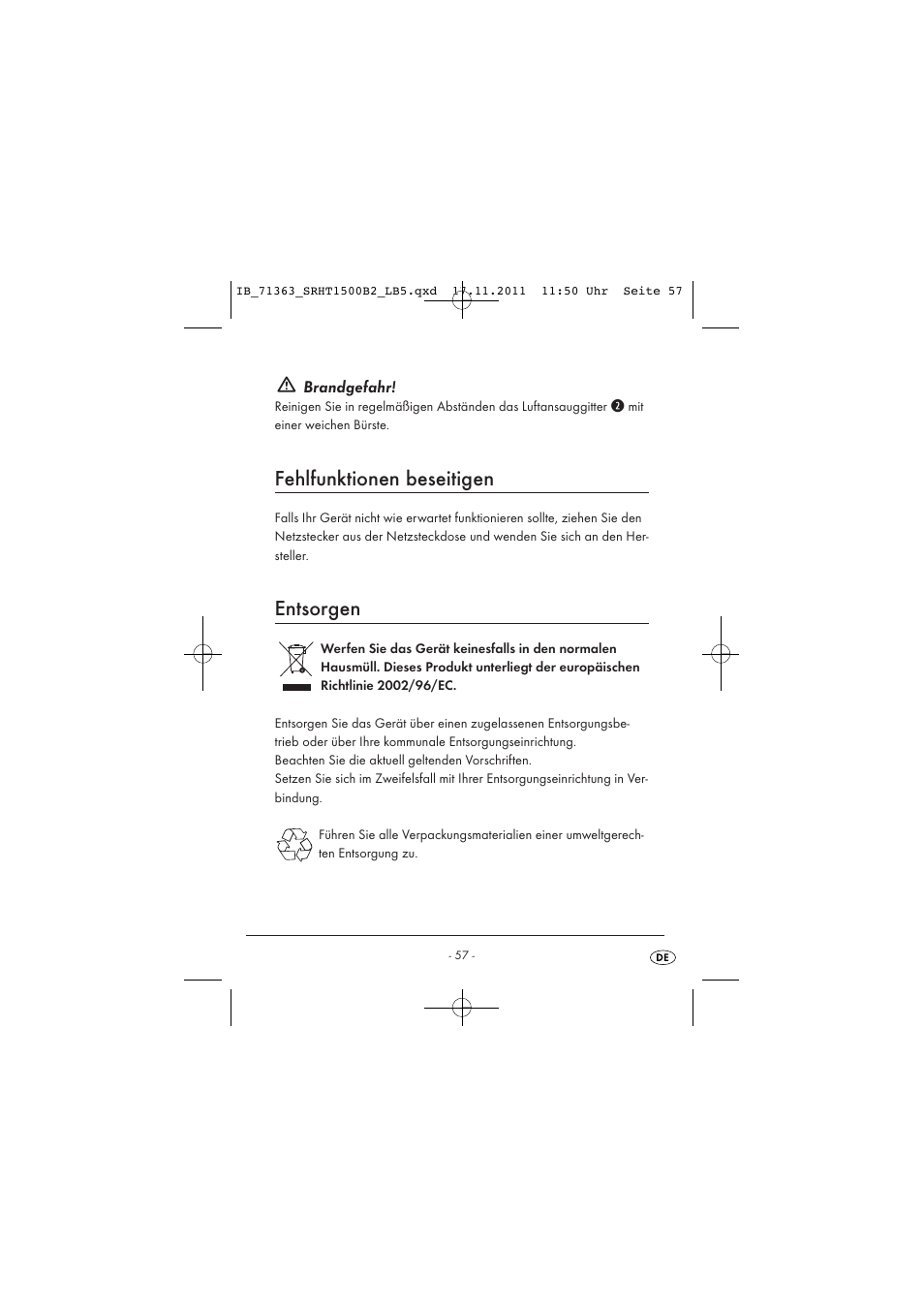Fehlfunktionen beseitigen, Entsorgen | Silvercrest SRHT 1500 B2 User Manual | Page 59 / 62