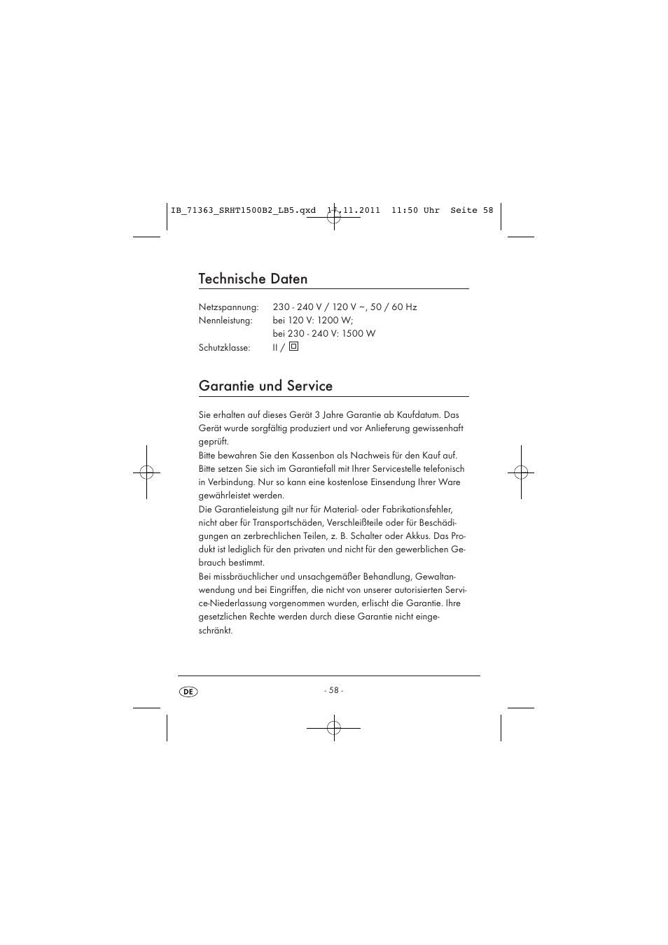 Technische daten, Garantie und service | Silvercrest SRHT 1500 B2 User Manual | Page 60 / 62