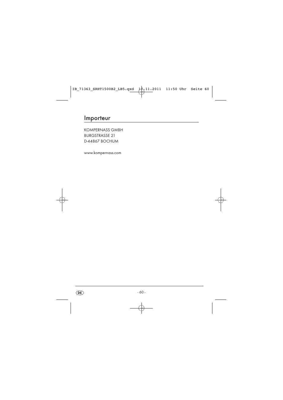 Importeur | Silvercrest SRHT 1500 B2 User Manual | Page 62 / 62