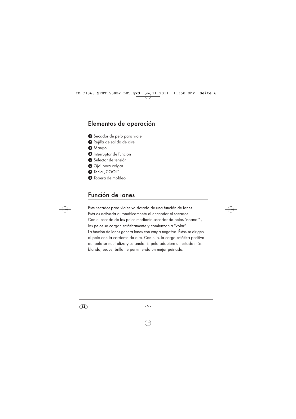 Elementos de operación, Función de iones | Silvercrest SRHT 1500 B2 User Manual | Page 8 / 62
