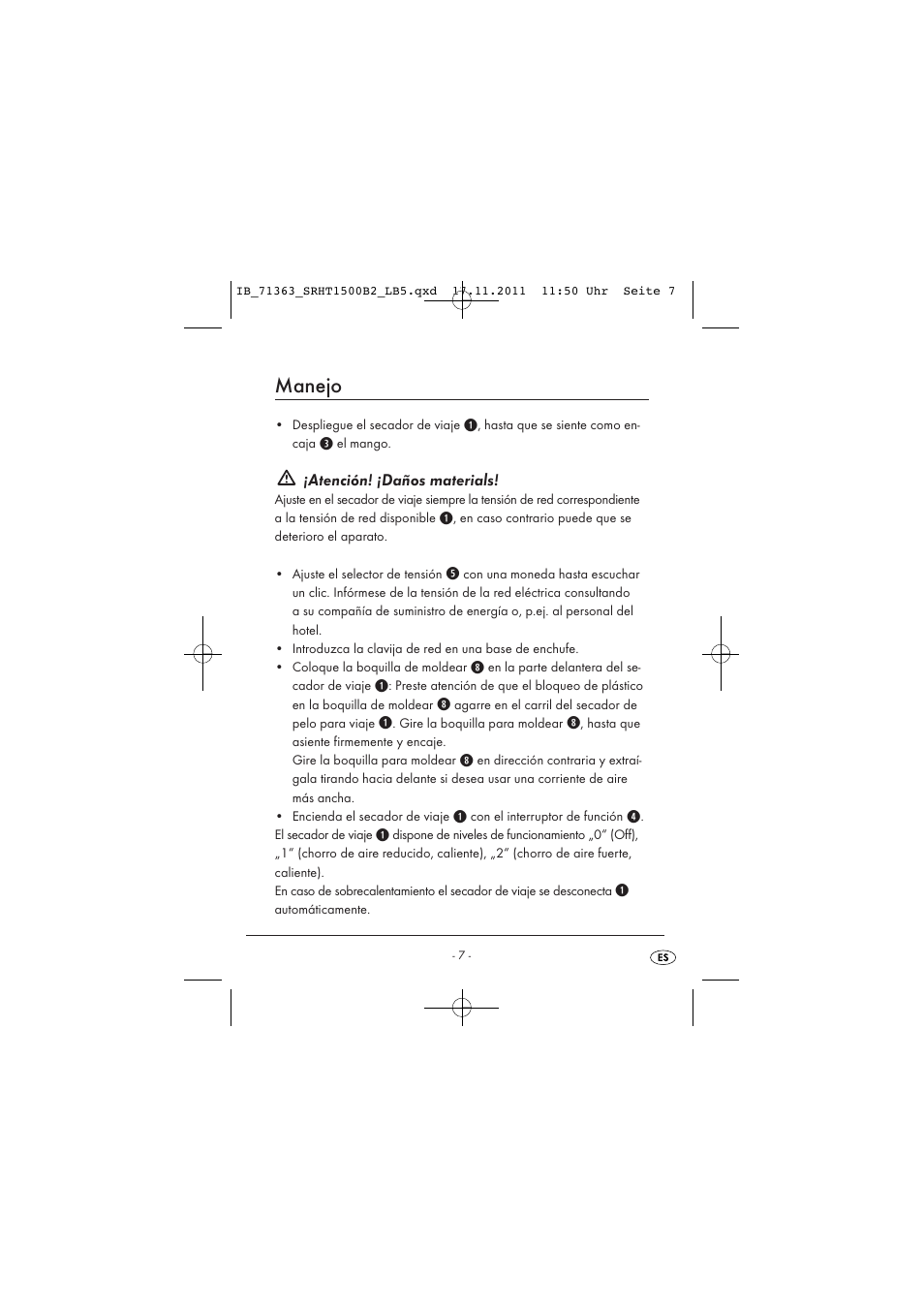 Manejo, Atención! ¡daños materials | Silvercrest SRHT 1500 B2 User Manual | Page 9 / 62