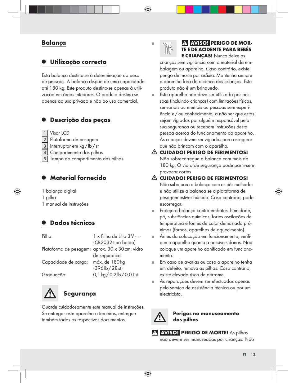 Balança, Utilização correcta, Descrição das peças | Material fornecido, Dados técnicos, Segurança | Silvercrest Z31439A Z31439B User Manual | Page 13 / 24