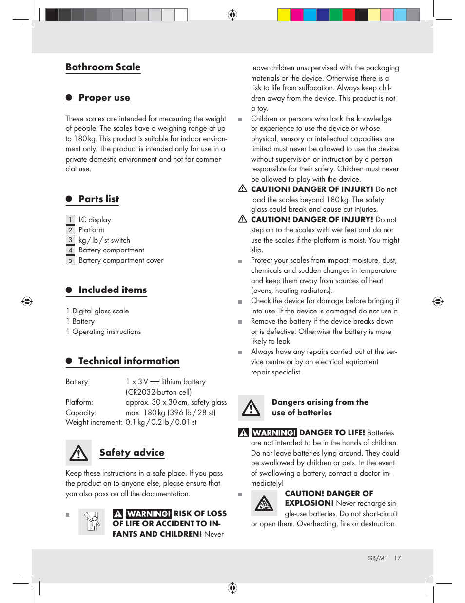 Bathroom scale, Proper use, Parts list | Included items, Technical information, Safety advice | Silvercrest Z31439A Z31439B User Manual | Page 17 / 24