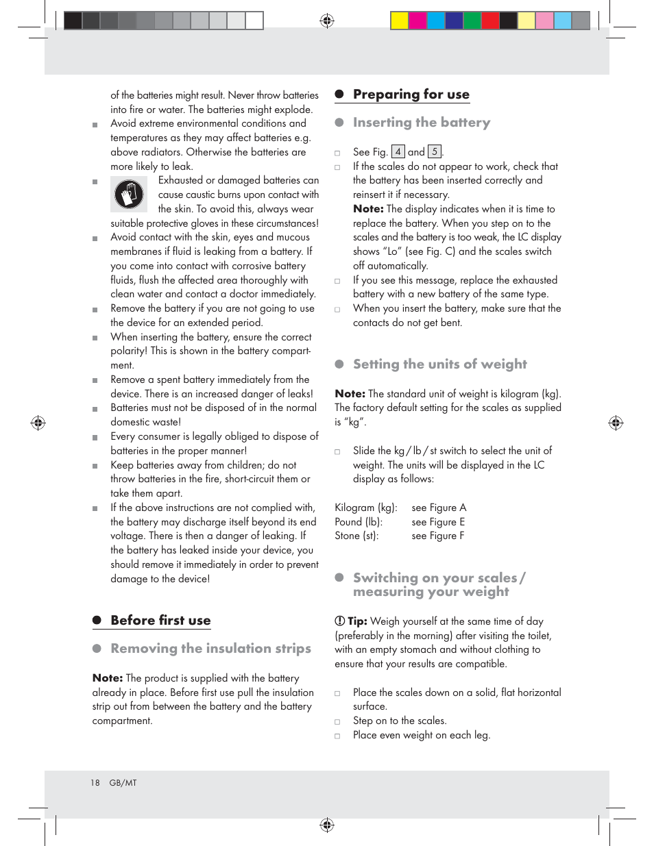 Before ﬁrst use, Removing the insulation strips, Preparing for use | Inserting the battery, Setting the units of weight, Switching on your scales / measuring your weight | Silvercrest Z31439A Z31439B User Manual | Page 18 / 24