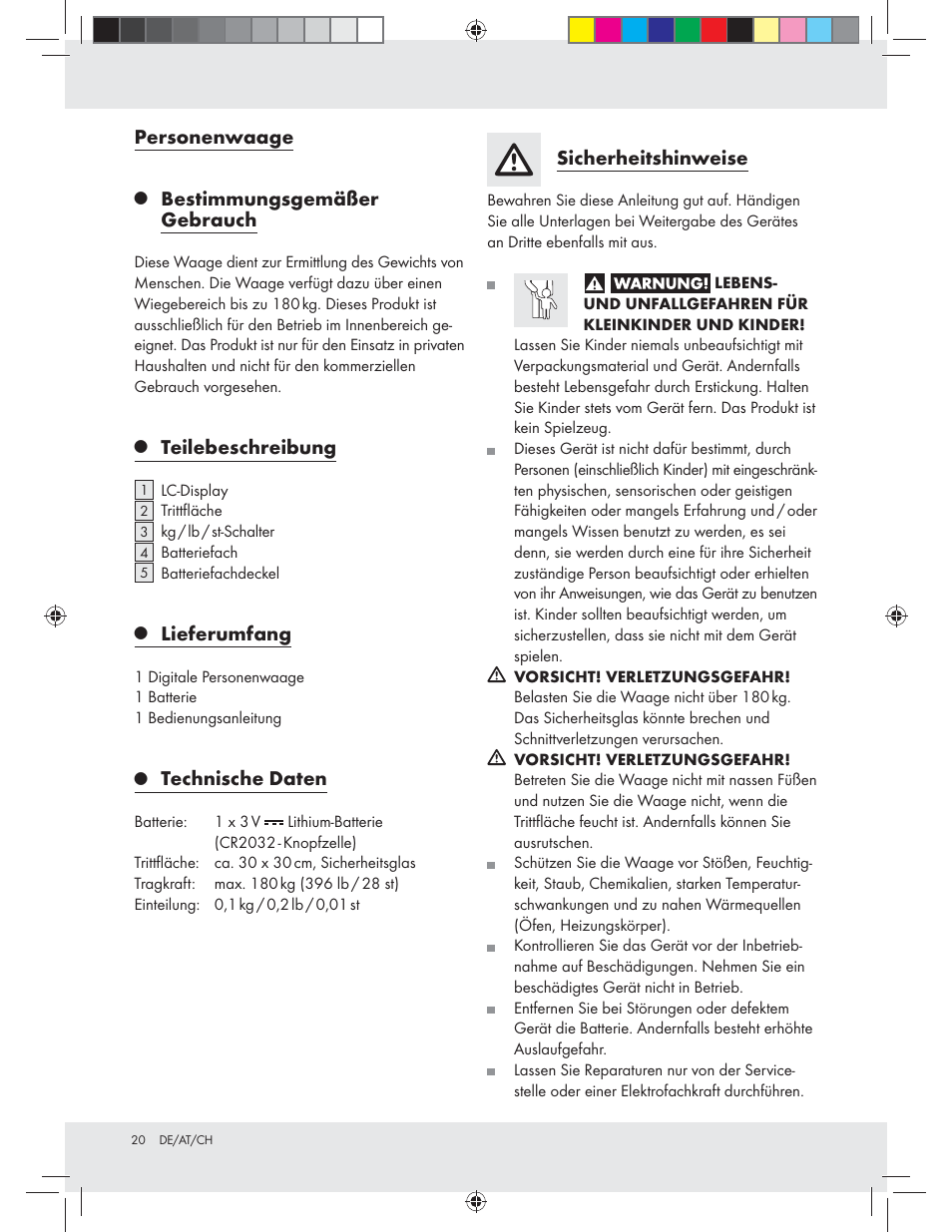 Personenwaage, Bestimmungsgemäßer gebrauch, Teilebeschreibung | Lieferumfang, Technische daten, Sicherheitshinweise | Silvercrest Z31439A Z31439B User Manual | Page 20 / 24