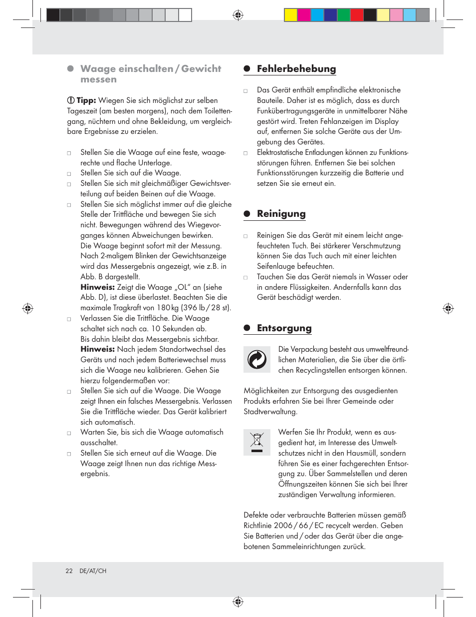 Waage einschalten / gewicht messen, Fehlerbehebung, Reinigung | Entsorgung | Silvercrest Z31439A Z31439B User Manual | Page 22 / 24