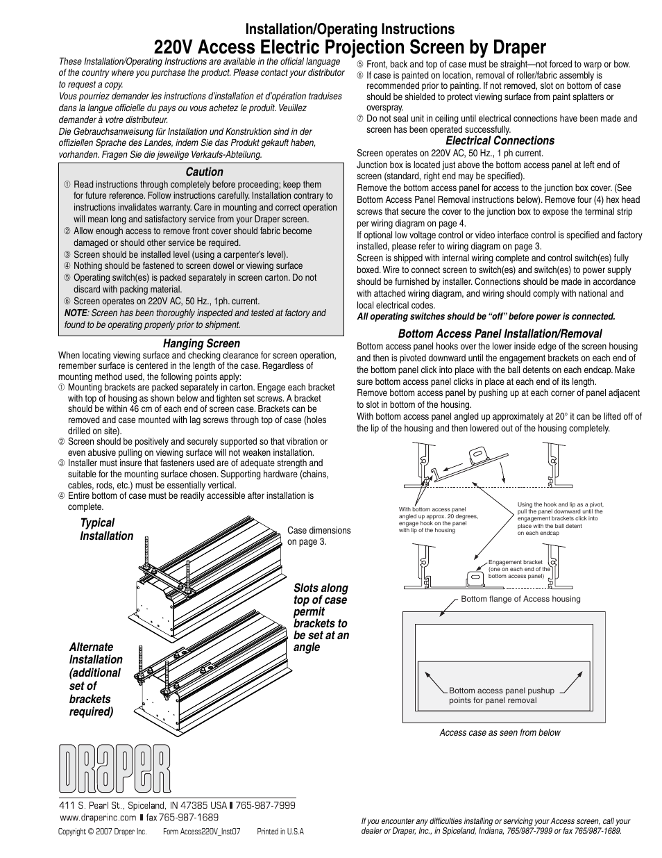 Draper 220V Access Electric Projection Screen User Manual | 4 pages