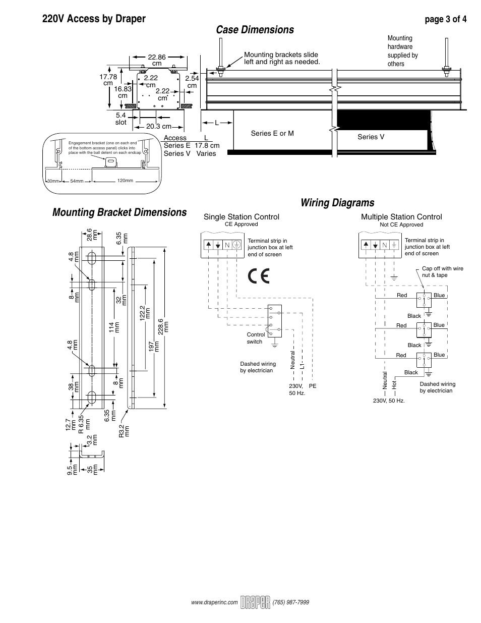 220v access by draper, Wiring diagrams, Case dimensions | Mounting bracket dimensions, Page 3 of 4 | Draper 220V Access Electric Projection Screen User Manual | Page 3 / 4