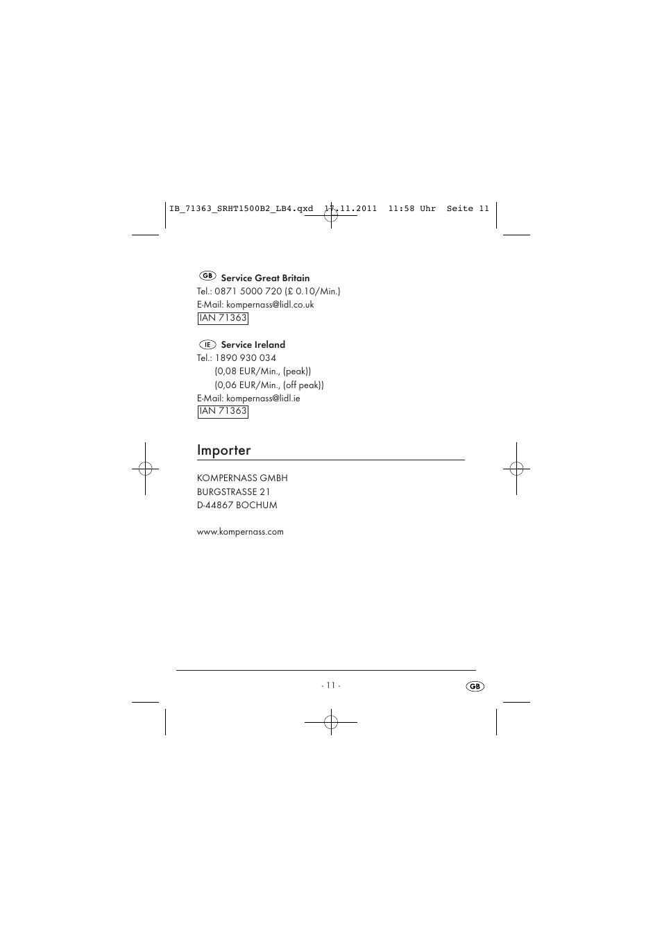 Importer | Silvercrest SRHT 1500 B2 User Manual | Page 13 / 86