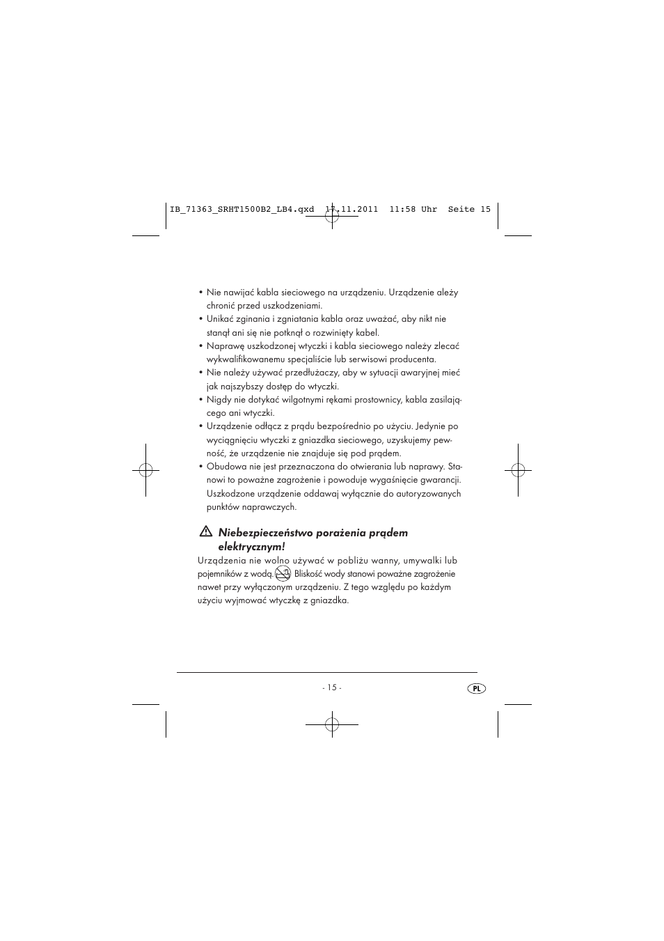 Niebezpieczeństwo porażenia prądem elektrycznym | Silvercrest SRHT 1500 B2 User Manual | Page 17 / 86